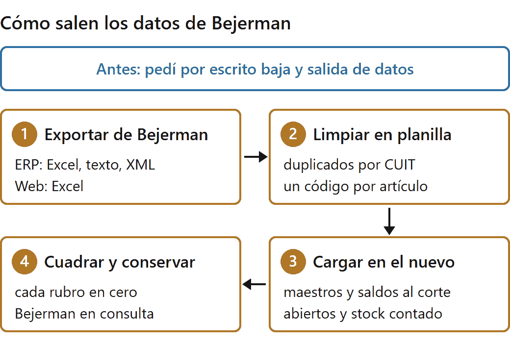 Alternativas a Bejerman: flujo para sacar los datos de Bejerman, limpiarlos, cargarlos en el sistema nuevo y cuadrarlos