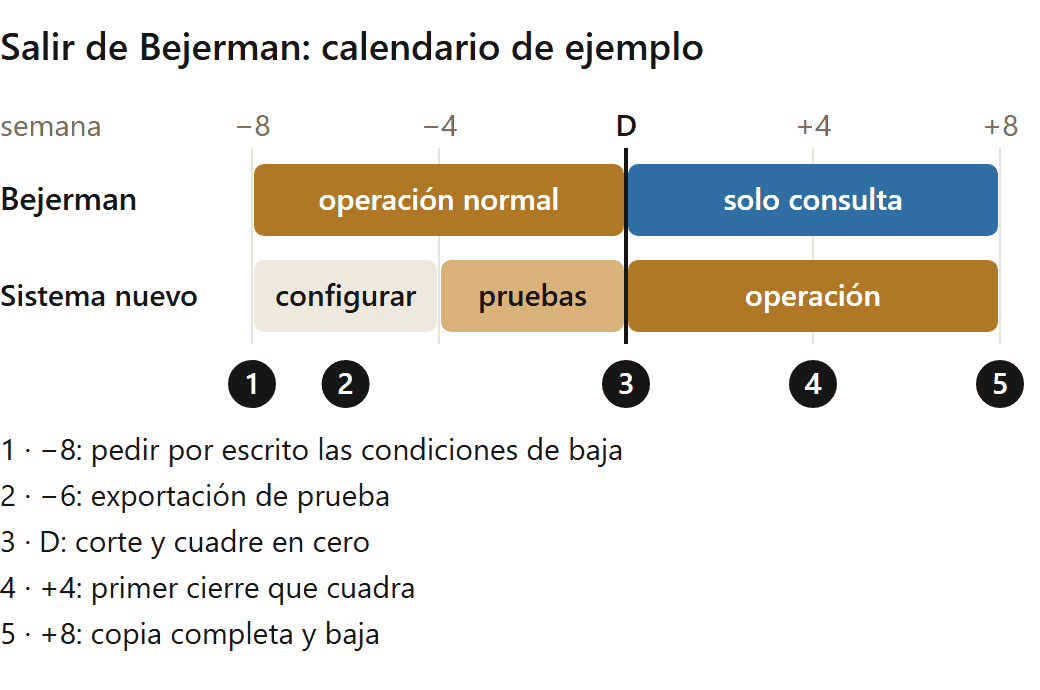 Alternativas a Bejerman: línea de tiempo ilustrativa para cambiar de sistema con Bejerman en consulta hasta el primer cierre